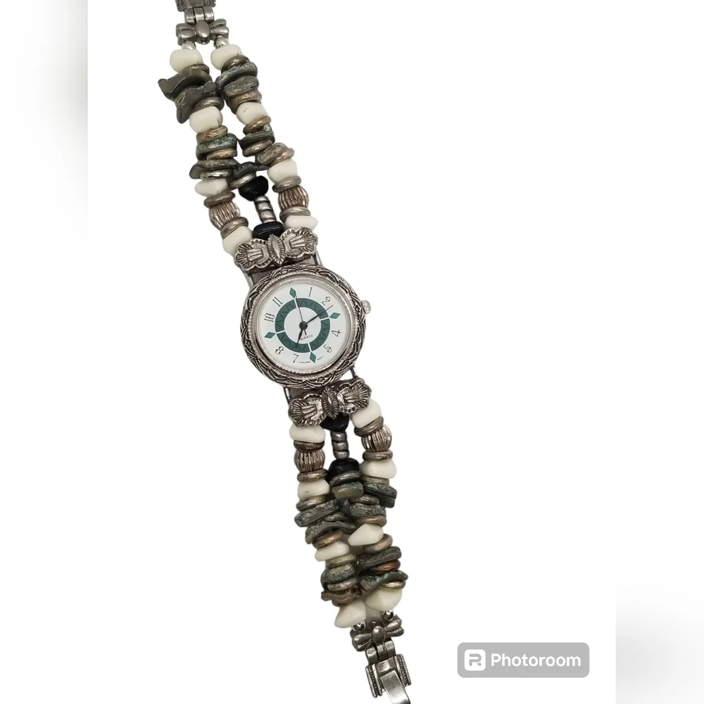 NATIVE AMERICAN STYLE SILVERTONED, GEMSTONE & ABALONE SHELL BAND LADIES WATCH